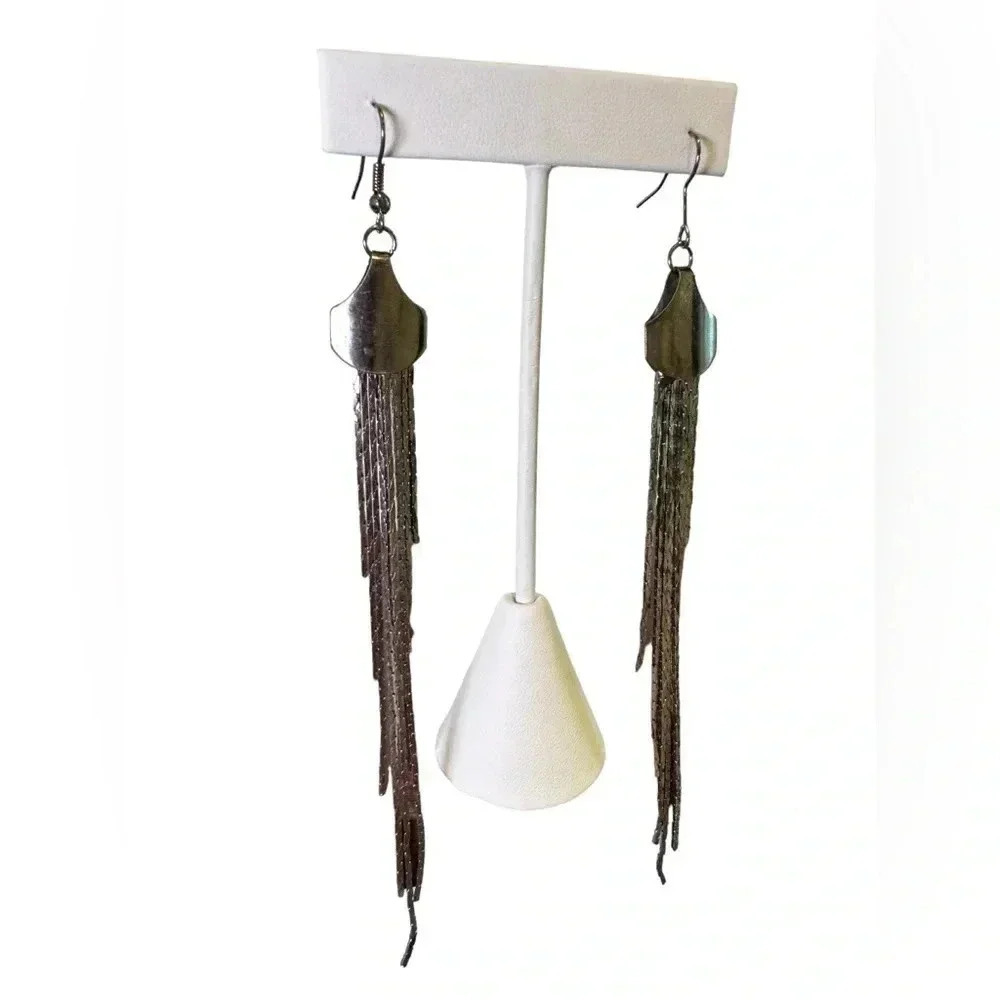 5” Stands Silver Long Dangle Drop Tassel Earrings - Sleek Chain Wedding Jewelry - Picture 6 of 7